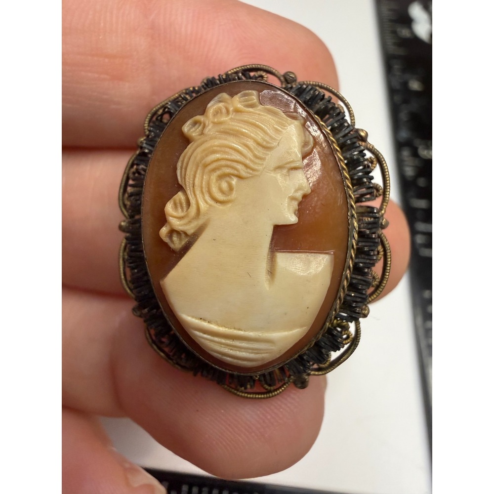 Antique Shell Cameo Brooch Pendant Filigree Wire Wrapped Frame Hand Carved Woman